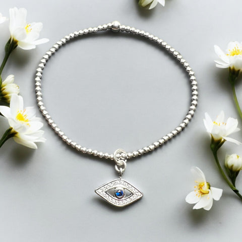 The Blue Evil Eye Charm Sterling Silver 2mm Bead Bracelet