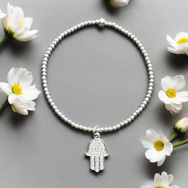 Hamsa Charm Sterling Silver 2mm Bead Bracelet