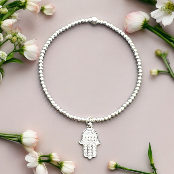 Hamsa Charm Sterling Silver 2mm Bead Bracelet