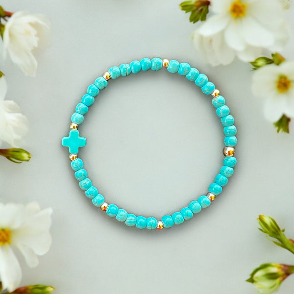 Mini Cross Turquoise 4mm Stone Bracelet