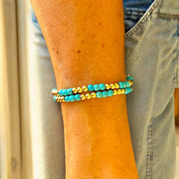 Stack of Two 18k Gold Filled Beads and Turquoise 4mm Stone Bracelet