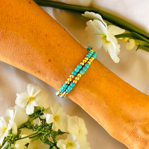 Stack of Two 18k Gold Filled Beads and Turquoise 4mm Stone Bracelet