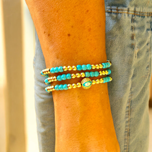 Round Evil Eye Stack of Three 18k Gold Filled Beads and Turquoise 4mm Stone Bracelet