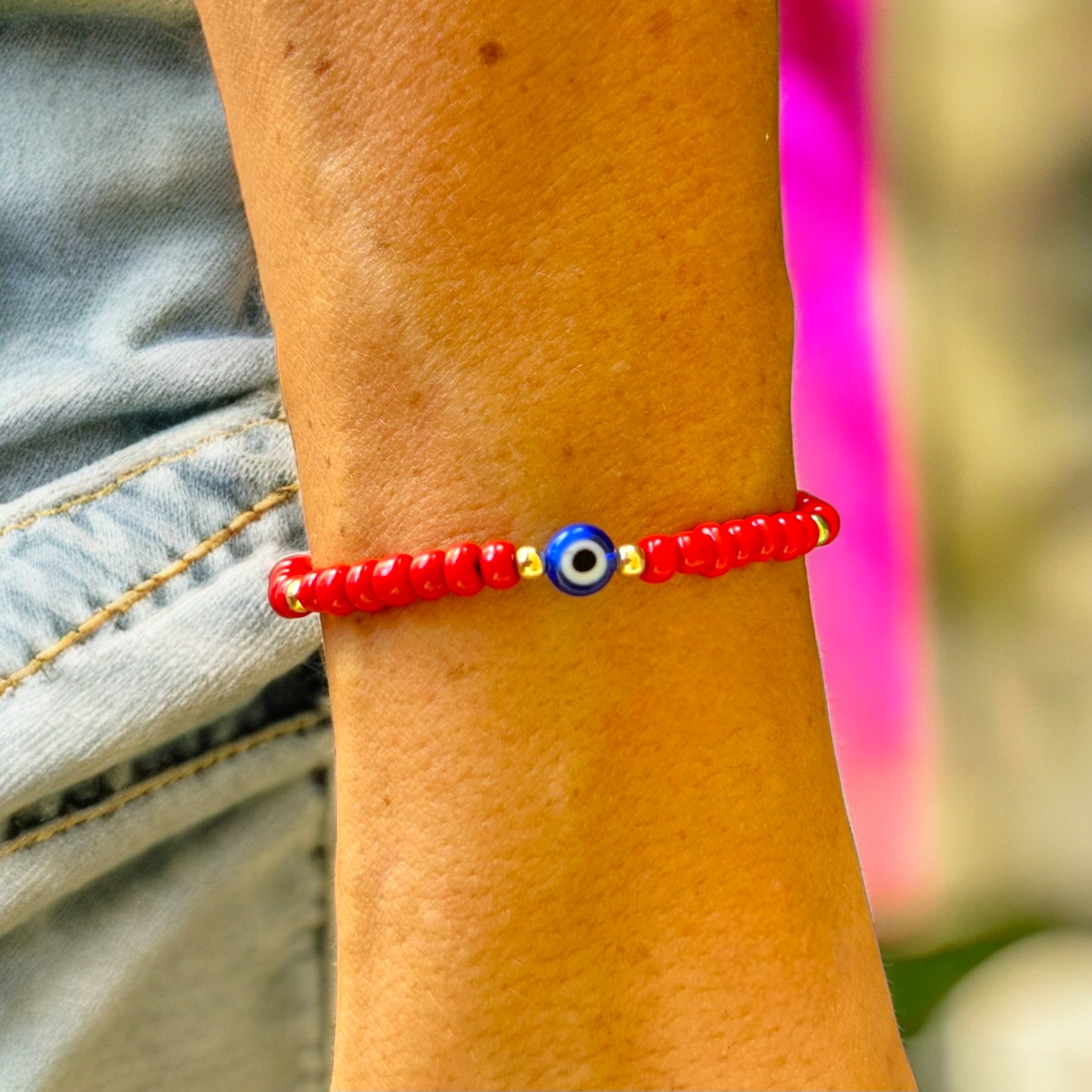 thumbnail image 2 of Handmade Evil Eye Bracelet On Red String With Goldtone Beads - 2 Blue & 2 Red Eyes 2 of 5