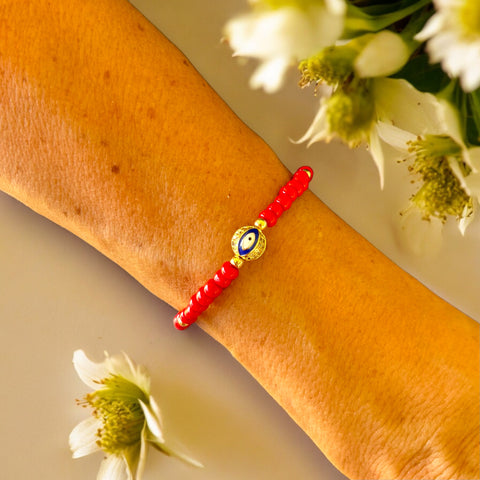 Round Evil Eye Charm 4mm Red Glass Beads Bracelet