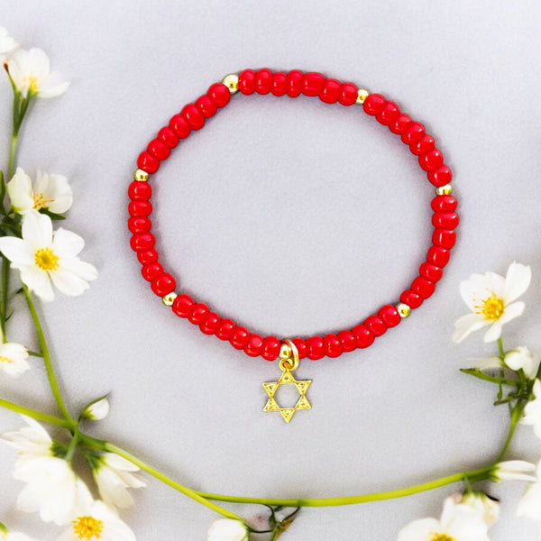 Star of David Charm 4mm Red Glass Beads Bracelet