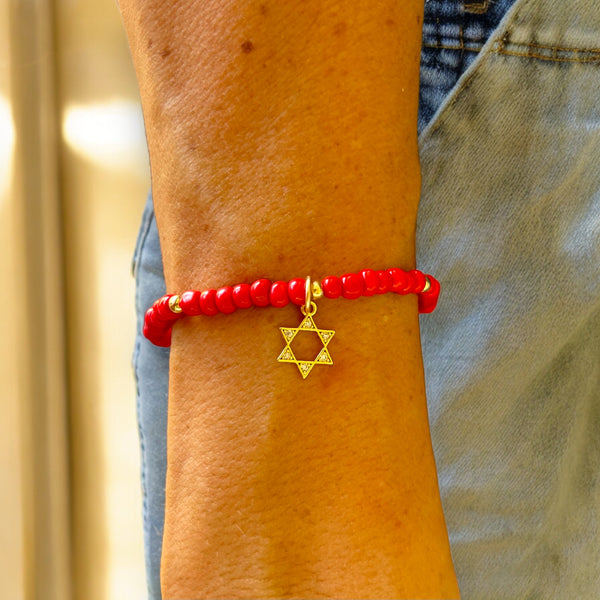 Star of David Charm 4mm Red Glass Beads Bracelet