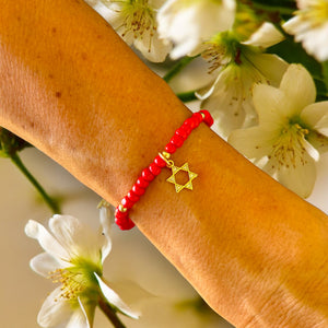 Star of David Charm 4mm Red Glass Beads Bracelet