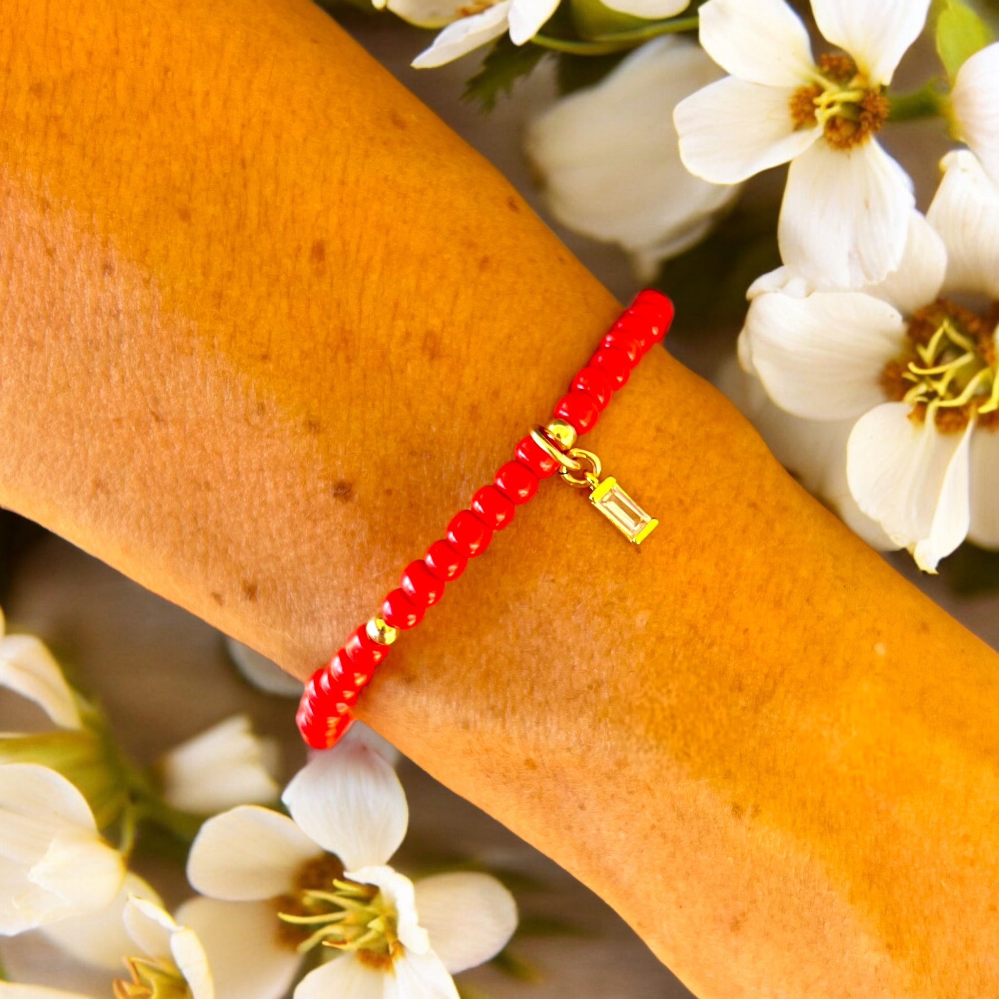 Cubic Zirconia Charm 4mm Red Glass Beads Bracelet