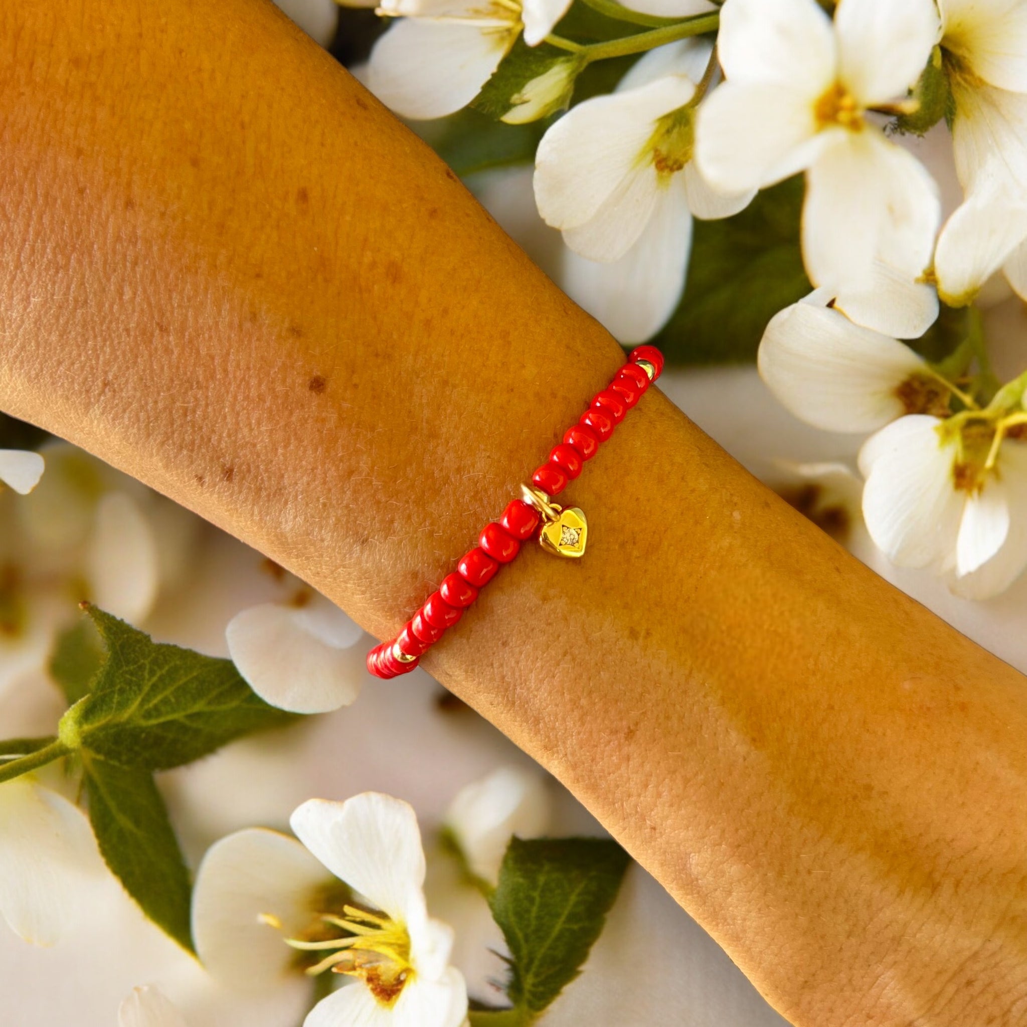 Heart Charm 4mm Red Glass Beads Bracelet