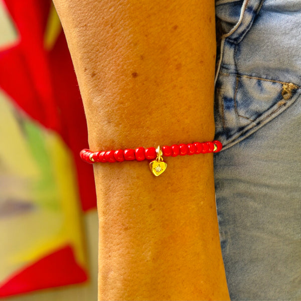 Heart Charm 4mm Red Glass Beads Bracelet