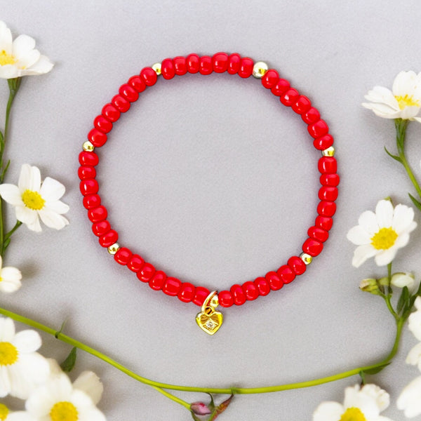 Heart Charm 4mm Red Glass Beads Bracelet