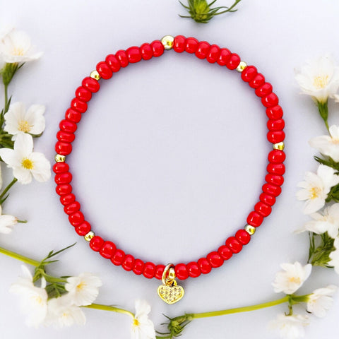 Dainty Heart Charm 4mm Red Glass Beads Bracelet