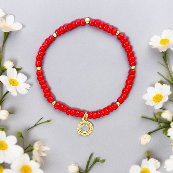 Smiley Charm 4mm Red Glass Beads Bracelet