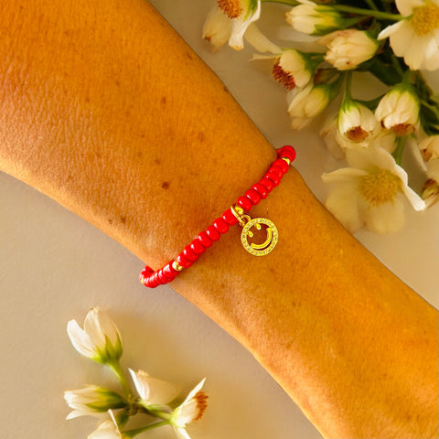 Smiley Charm 4mm Red Glass Beads Bracelet