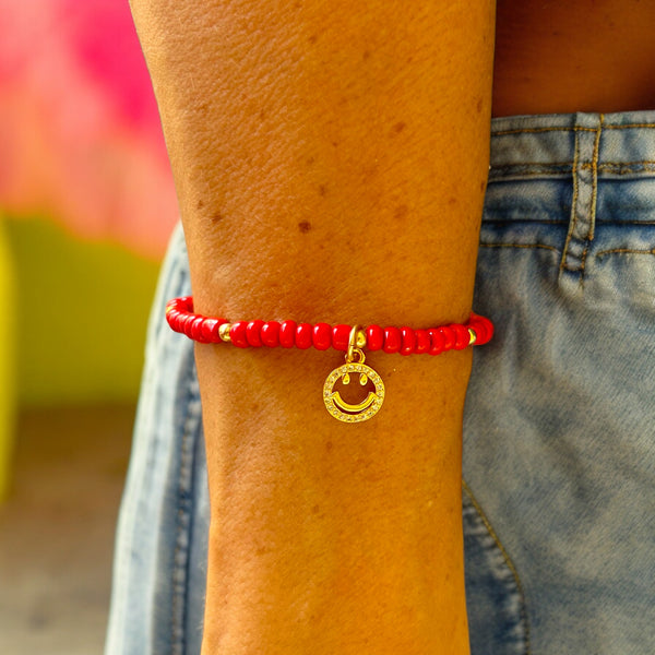 Smiley Charm 4mm Red Glass Beads Bracelet