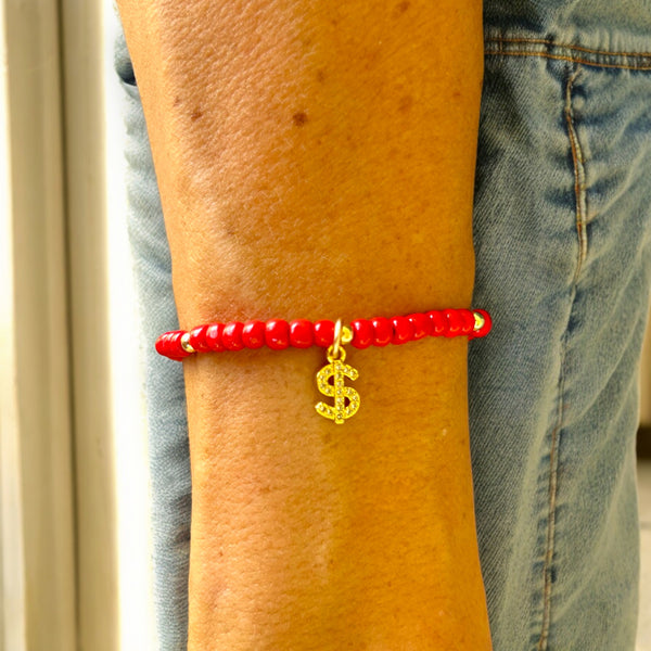 Cash Charm 4mm Red Glass Beads Bracelet