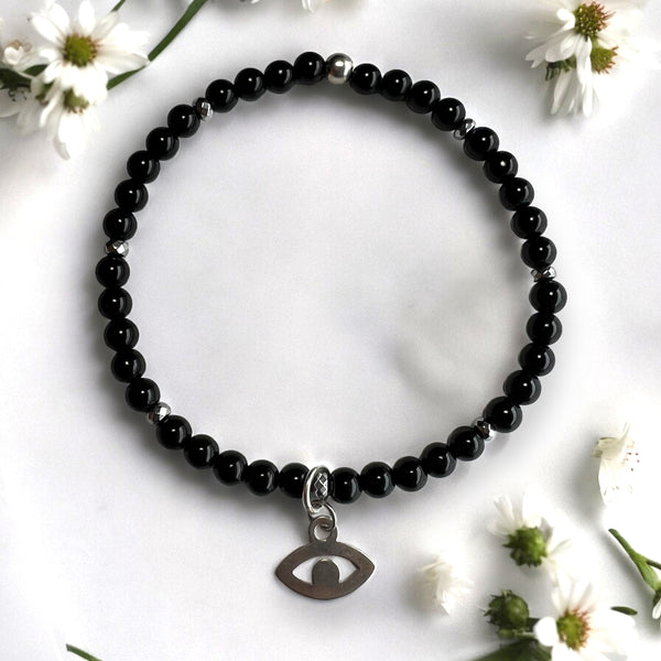 Evil Eye Charm 4mm Onyx Polished Stones Bracelet