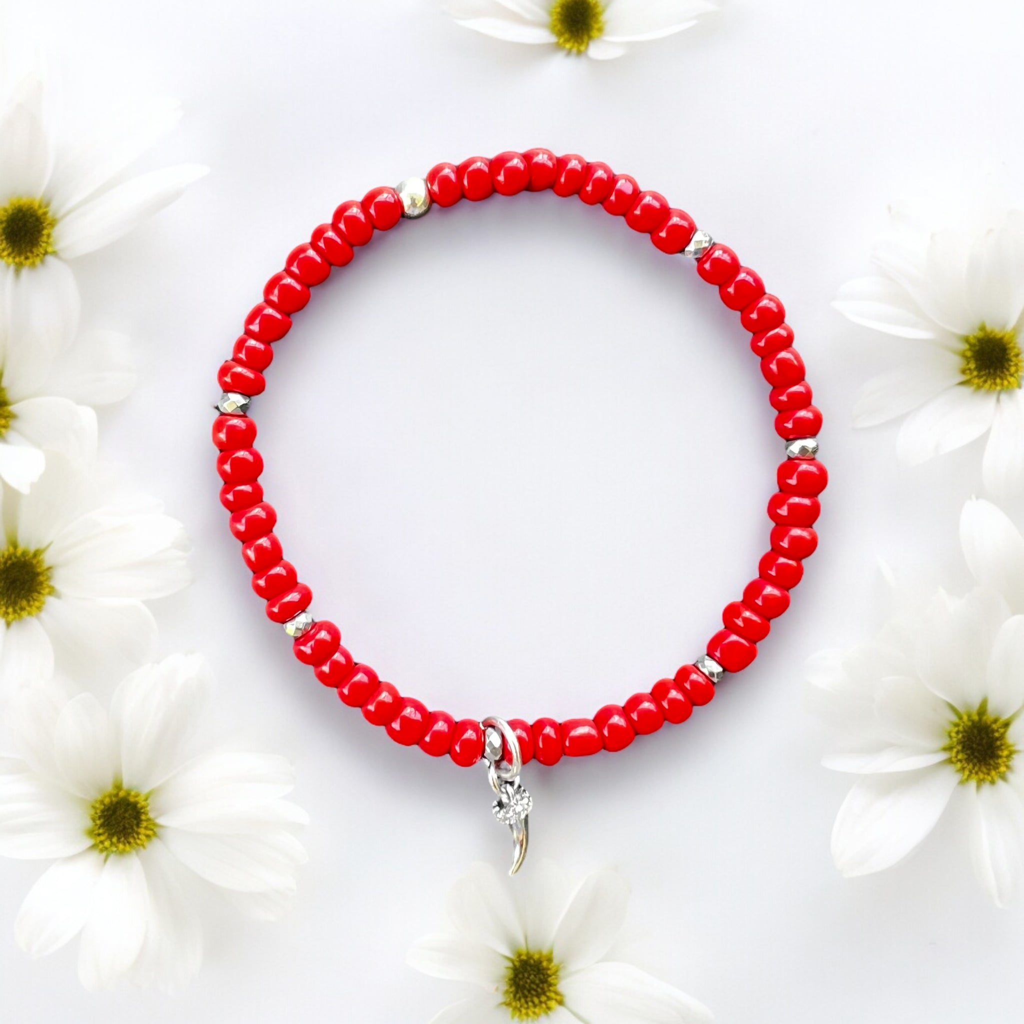 Cornicello Italian Lucky Charm 4mm Red Glass Beads Bracelet