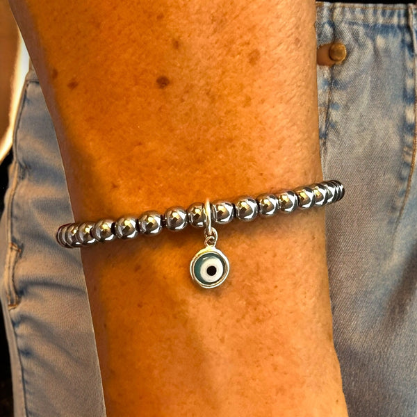 Drop Blue Evil Eye Charm 4mm Hematite Stones Bracelet