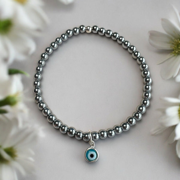 Drop Blue Evil Eye Charm 4mm Hematite Stones Bracelet