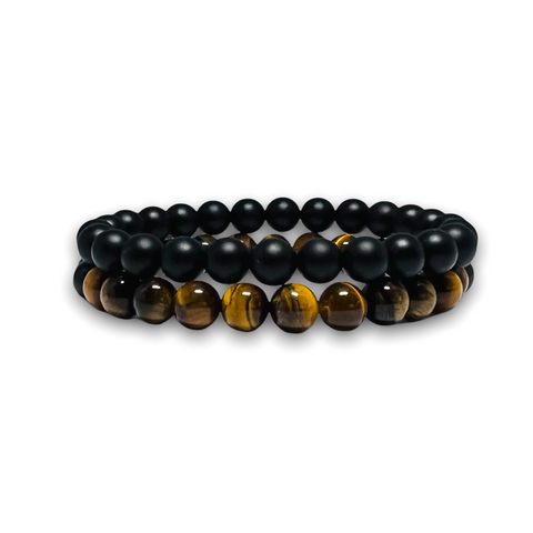 Matte Onyx / Tiger Eye Stone Set of Two Plain Bracelets